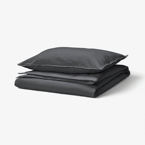 A folded grey RUNDHAGTORN duvet set with pillowcase and envelope closure, made of linen and cotton.