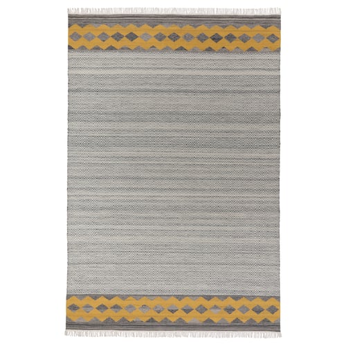 Rysgräs rug: grey with yellow border, diamond pattern, handwoven wool.