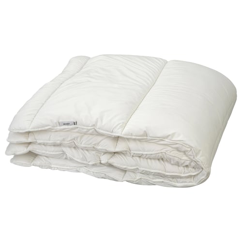 Folded white recycled polyester lightweight duvet, neatly quilted, seamless design.