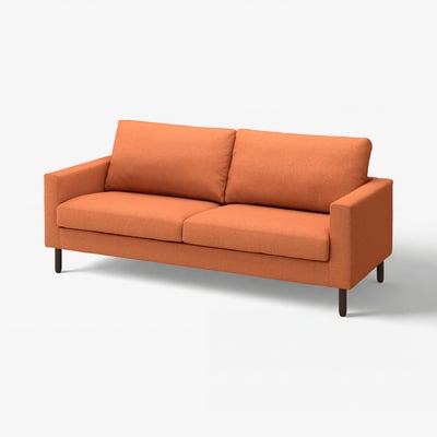 Bright orange sofa, sleek design with wooden legs, cosy cushions.