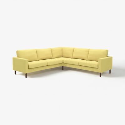 SALTSJÖBADEN: bright yellow 4-seat sectional sofa. Modern, rectangular shape with wooden legs, plush cushions.