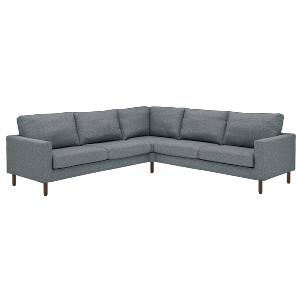 Modern grey l-shaped sofa with wooden legs, clean lines, and soft cushions.