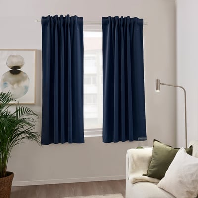SANELA Room darkening curtains, 1 pair, dark blue/with heading tape, 140x137 cm
