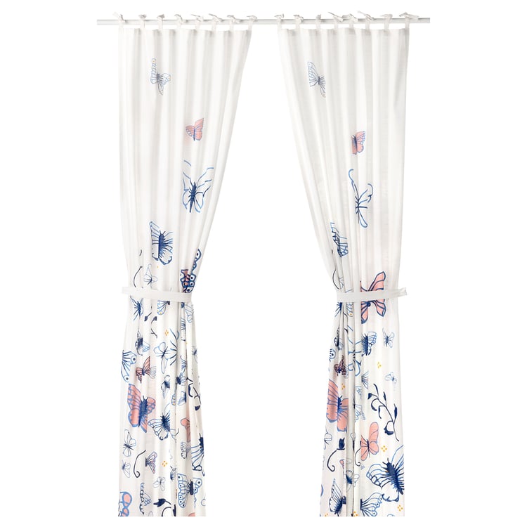 SÅNGLÄRKA butterfly, white blue, Curtains with tiebacks, 1 pair