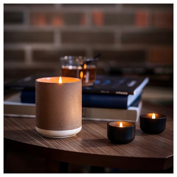 SILKESTRÄD Scented tealight, leather & vanilla/brown, 3.5 hr