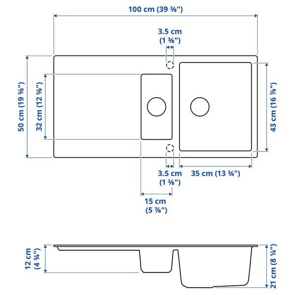 SINKSJÖN 1 1/2 bowl insert sink with drainer, black quartz composite, 100x50 cm