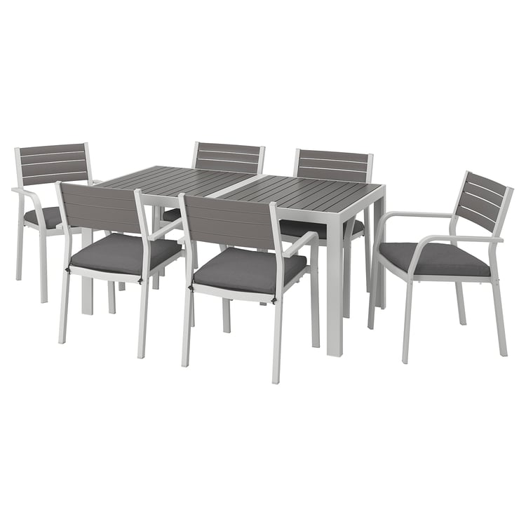 SJÄLLAND Table+6 chairs w armrests, outdoor, dark grey/Frösön/Duvholmen