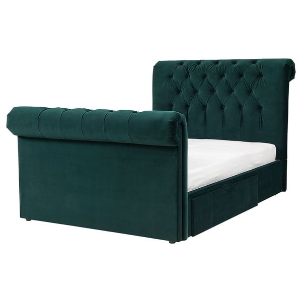SKJÅNES Upholstered storage bed, with headboard velvet/dark green Luröy