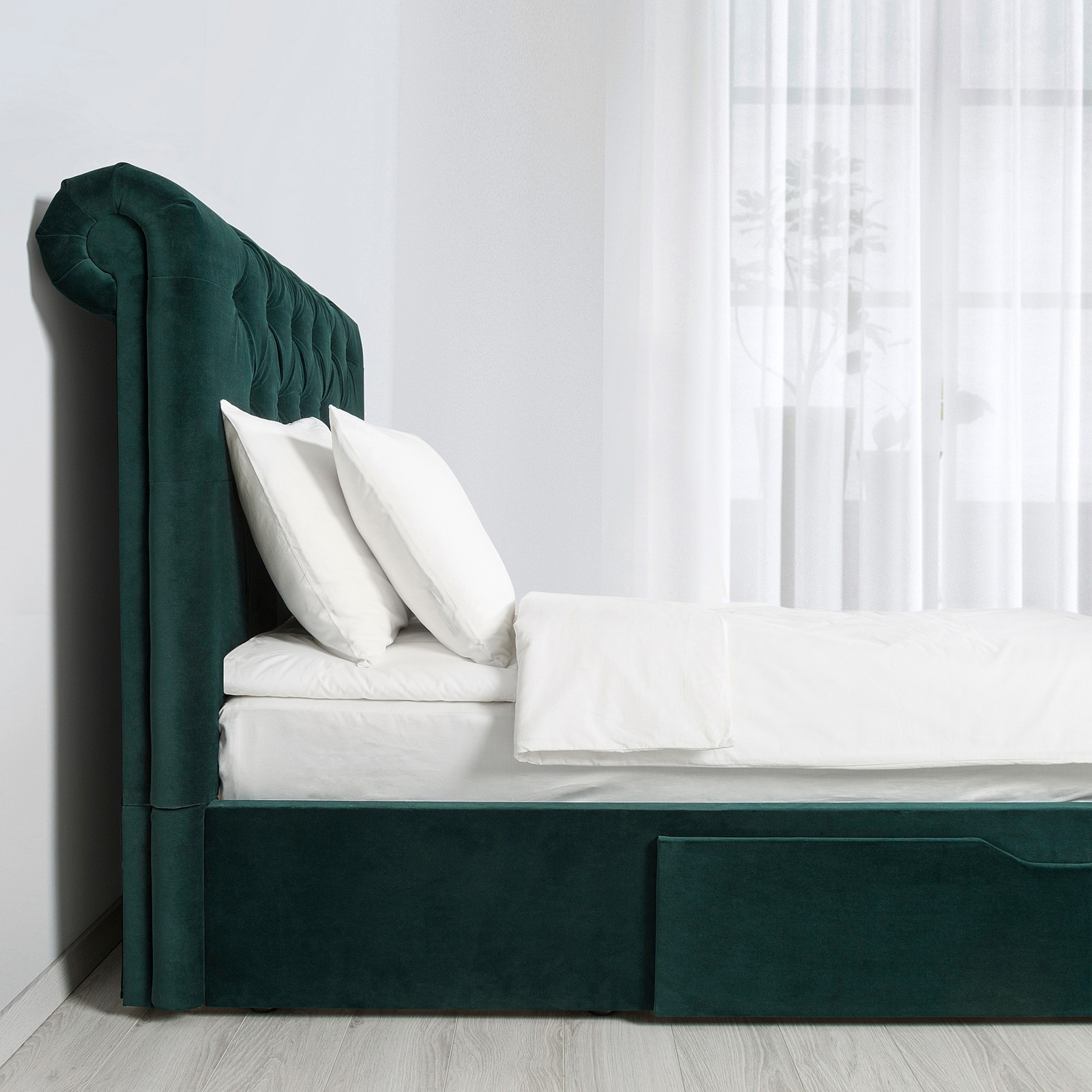 SKJÅNES Upholstered storage bed, with headboard, velvet dark green