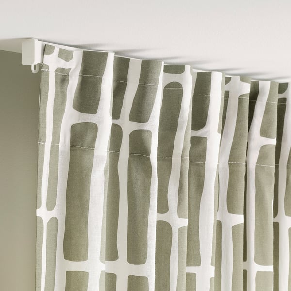 SKOGSSTJÄRNA Curtains, 1 pair, grey-green/white, 145x250 cm