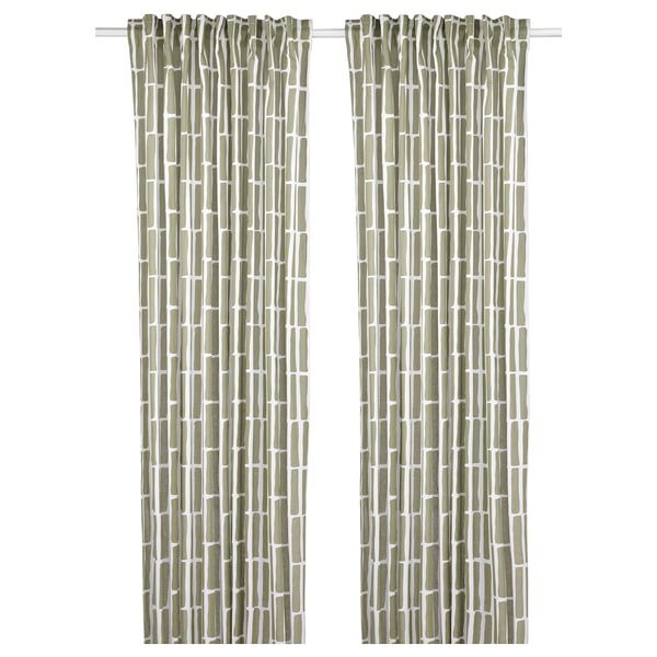 SKOGSSTJÄRNA Curtains, 1 pair, grey-green/white, 145x250 cm