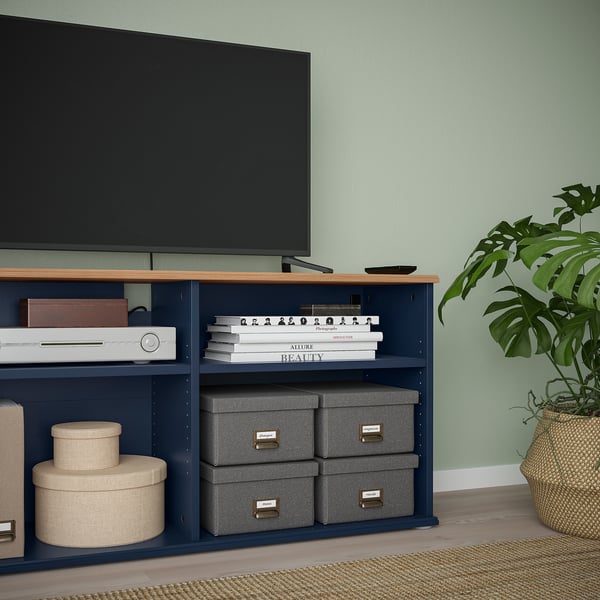 SKRUVBY TV storage combination, black-blue, 178x38x140 cm