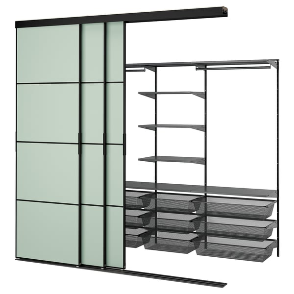 SKYTTA / BOAXEL Walk-in wardrobe with sliding doors, black anthracite/Mehamn light green, 251x115x240 cm