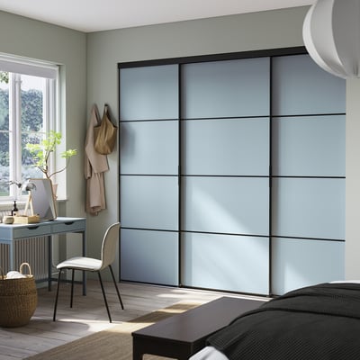 SKYTTA / BOAXEL Walk-in wardrobe with sliding doors, black metal/Mehamn light blue, 251x115x240 cm