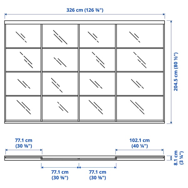 SKYTTA / FÄRVIK Sliding door combination, aluminium/white glass, 326x205 cm