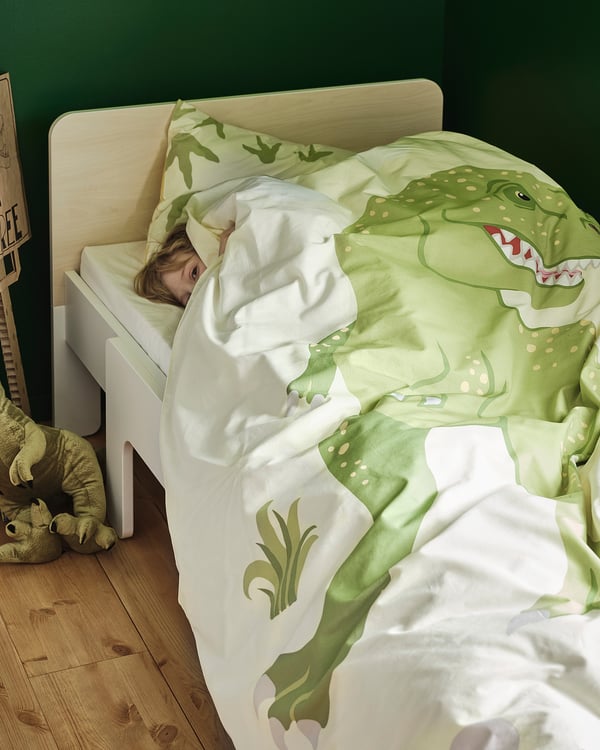 SLÄKT ext bed frame with slatted bed base, white/birch, 80x200 cm IKEA