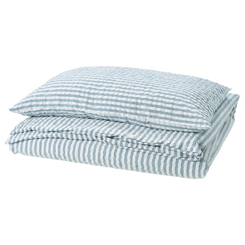 SMÅNUNNEÖRT bedding - light blue striped duvet & pillow covers, neatly folded, with a soft cotton-viscose blend.
