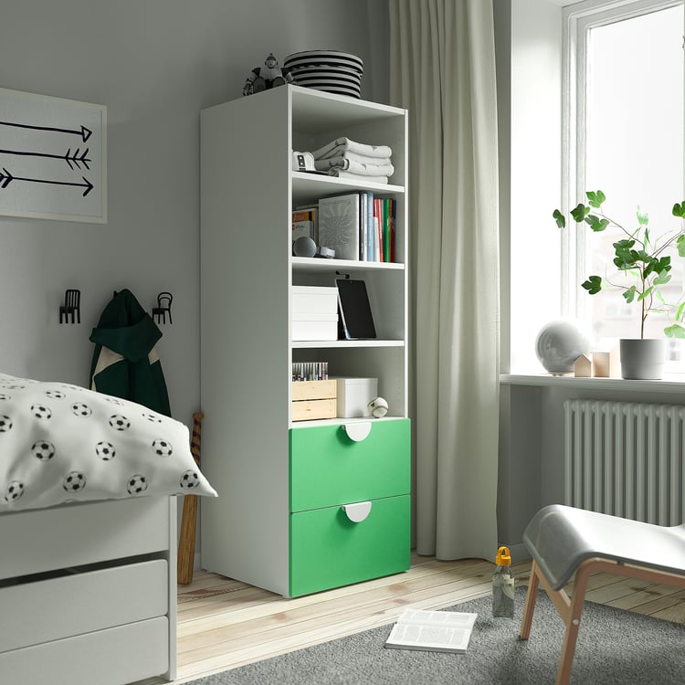 SMÅSTAD / PLATSA bookcase, white green/with 2 drawers, 60x57x181 cm IKEA