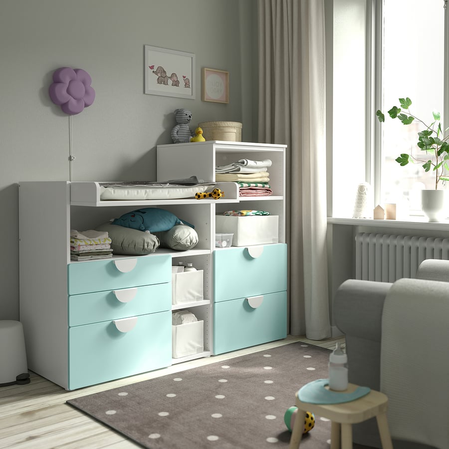 SMÅSTAD / PLATSA changing table, white pale turquoise/with bookcase