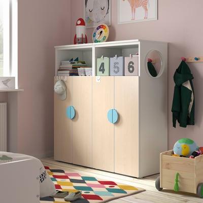 SMÅSTAD / PLATSA Storage combination, white/birch with 6 shelves, 120x42x123 cm