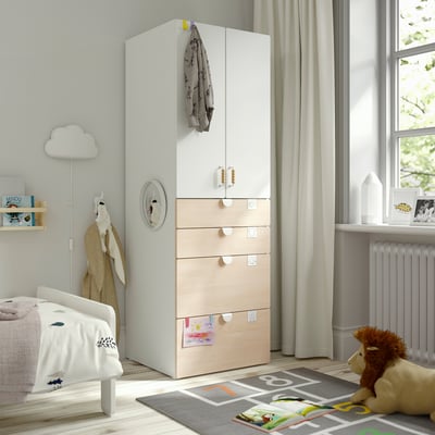 SMÅSTAD / PLATSA Wardrobe, white/birch with 4 drawers, 60x57x181 cm