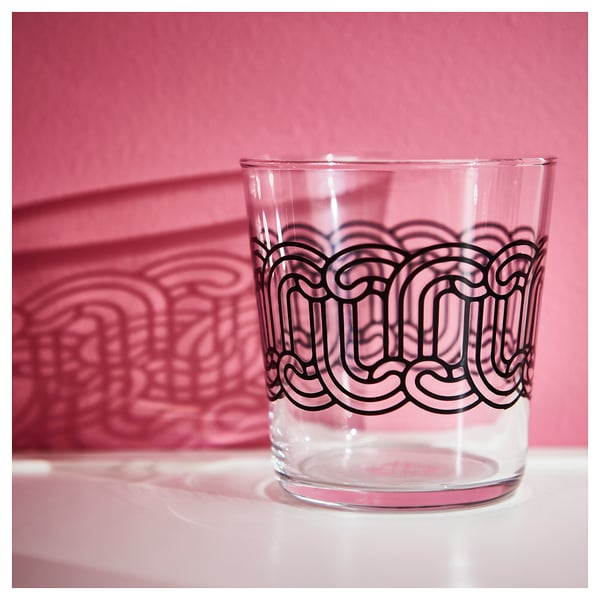 SÖTRÖNN Glass, clear glass patterned/black, 30 cl