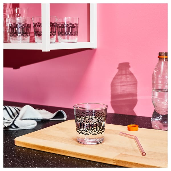 SÖTRÖNN Glass, clear glass patterned/black, 30 cl