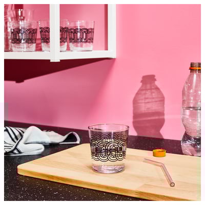 SÖTRÖNN Glass, clear glass patterned/black, 30 cl