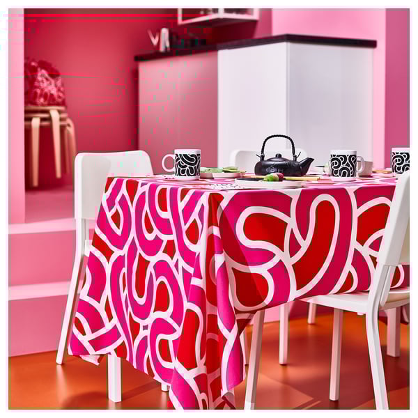 SÖTRÖNN Tablecloth, patterned white/bright red bright pink, 145x240 cm