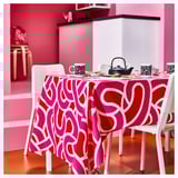 SÖTRÖNN Tablecloth, patterned white/bright red bright pink, 145x240 cm