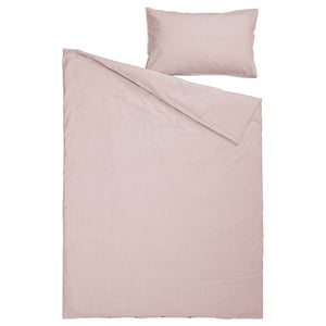 The SOLFIBBLA bedding set in beige with white stripes, made from 100% cotton, including a duvet cover and pillowcase.