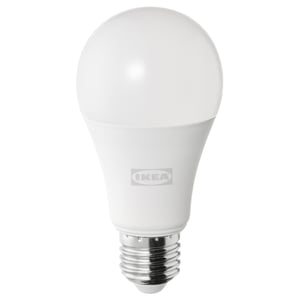 Ikea SOLHETTA led bulb, white, rounded shape, warm-white glow, durable plastic cover.