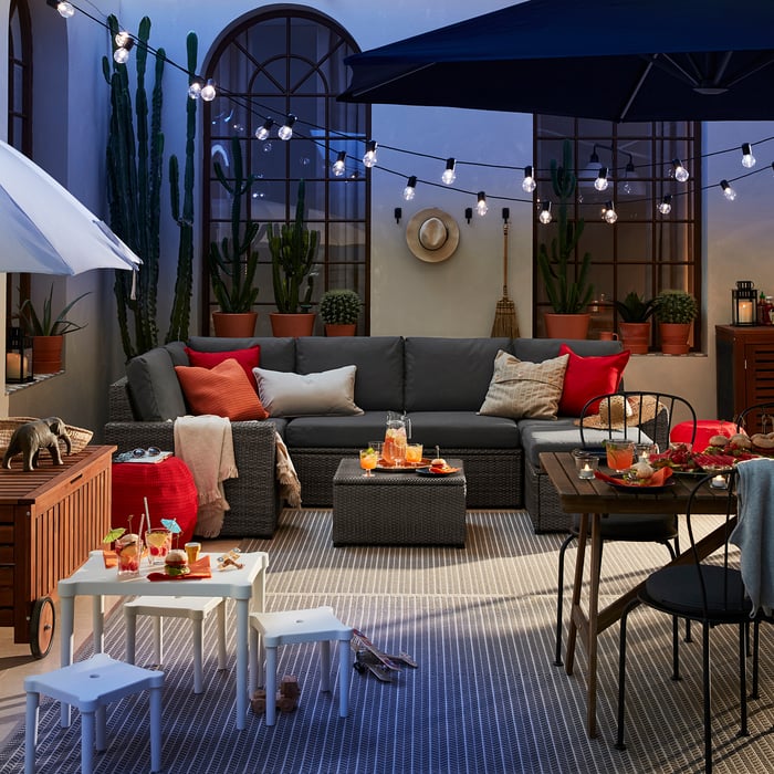 SOLLERÖN modular corner sofa 4seat, outdoor, with footstool dark grey