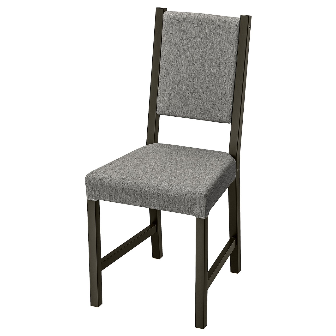 Modern grey fabric chair, black wooden frame, sleek design.