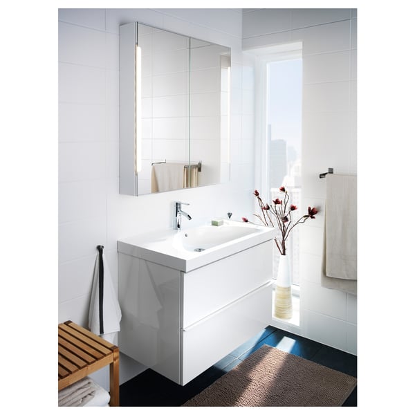 STORJORM mirror 2 door/builtin lighting, white, 80x14x96 cm IKEA