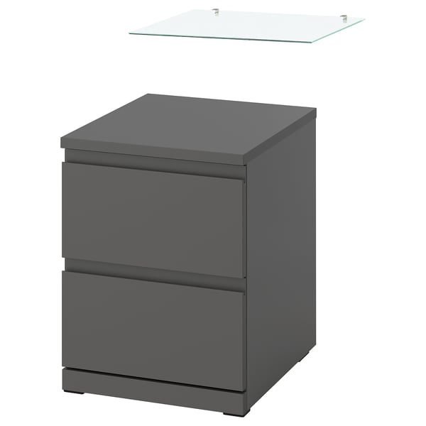 STORKLINTA Chest of 2 drawers, dark grey/with glass top, 40x50x53 cm