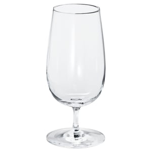 Single empty, clear wine glass with long stem and wide bowl, standing upright.