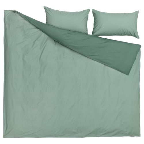 STRANDTALL duvet cover and 2 pillowcases, greygreen/dark green