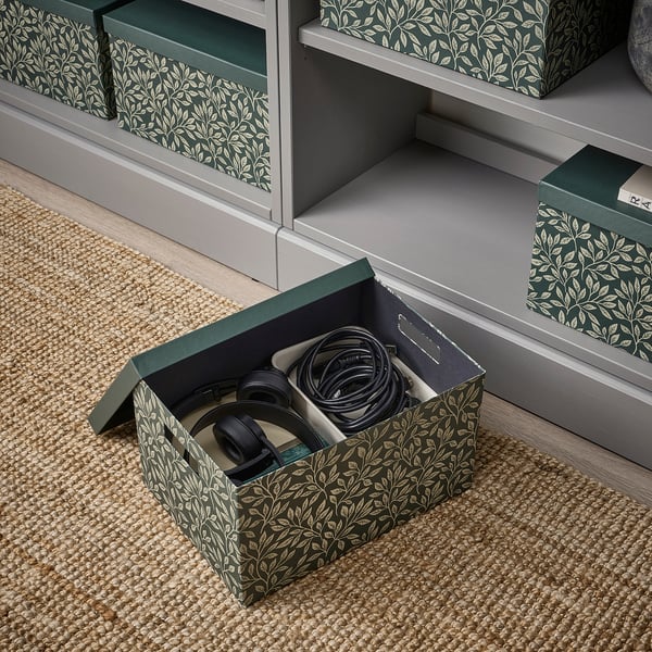 STUTERI Storage box with lid, green/leaf pattern, 25x35x20 cm IKEA