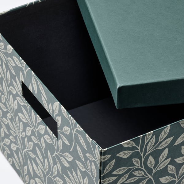 STUTERI Storage box with lid, green/leaf pattern, 25x35x20 cm IKEA