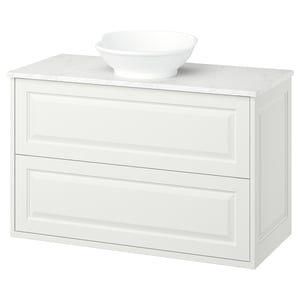 White bathroom vanity, marble top, round bowl sink, two drawers, classic design.