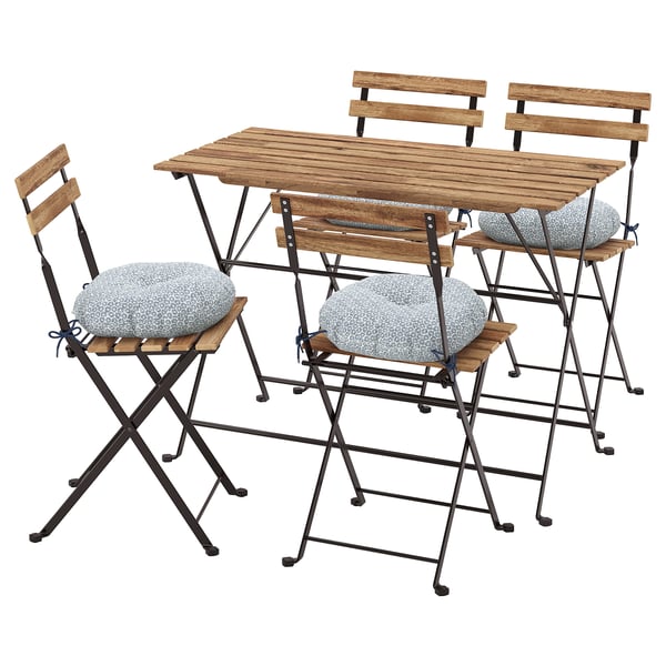 TÄRNÖ Table+4 chairs, outdoor, black/light brown stained/Klösan blue