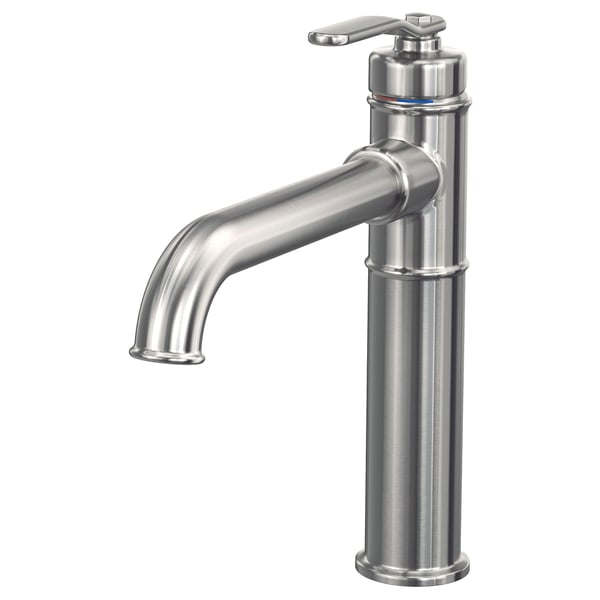 Silver taksson tap with sleek curved spout and cylindrical base.