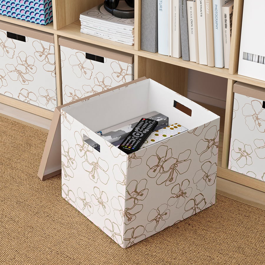TJENA Storage box with lid, beige flower, 32x35x32 cm IKEA