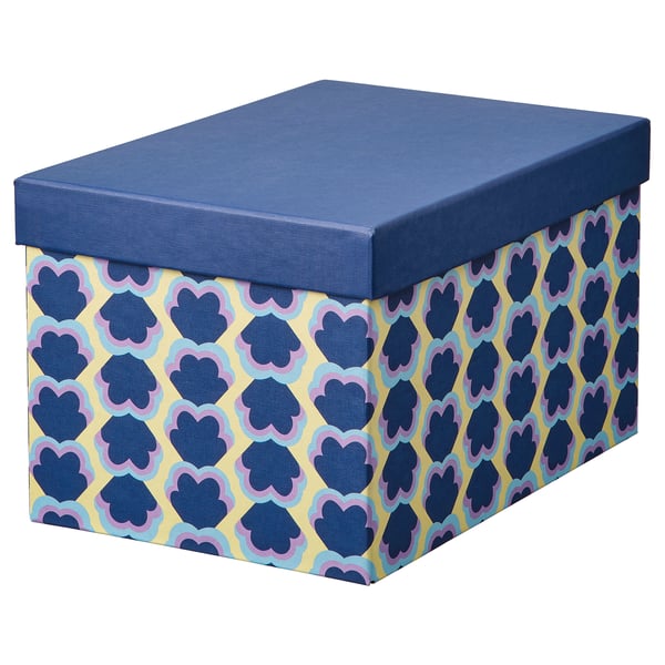 TJENA Storage box with lid - blue, patterned - IKEA