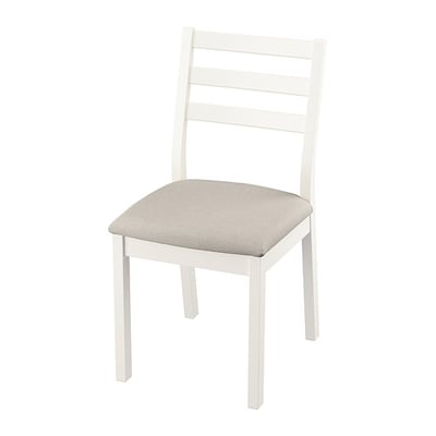TONSTAD white chair with padded seat. Wooden frame, ladder-back design, beige fabric.