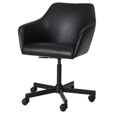 Black leather swivel office chair, padded, with adjustable height and casters for easy movement.