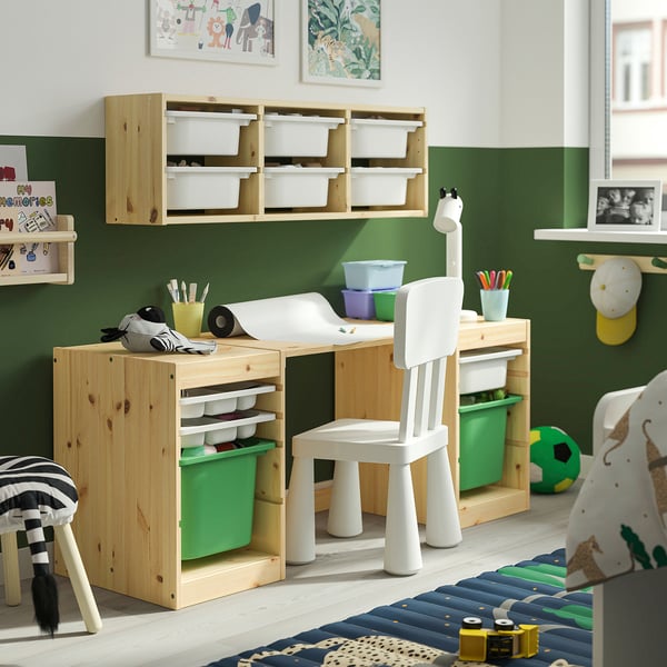 TROFAST Desk with storage boxes/trays, light white stained pine/white bright green, 124x44x52 cm