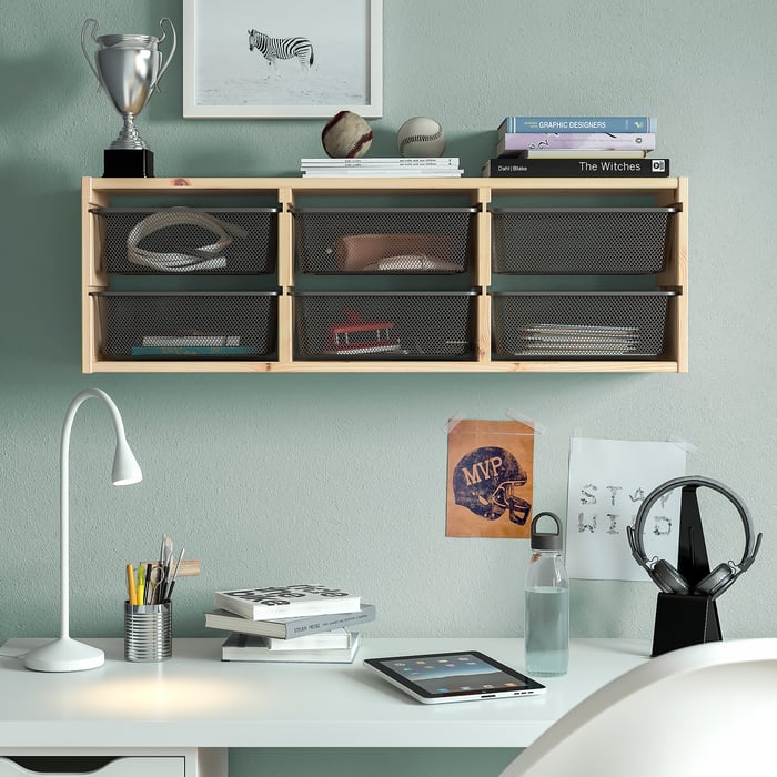TROFAST wall storage, light white stained pine/dark grey, 93x21x30 cm
