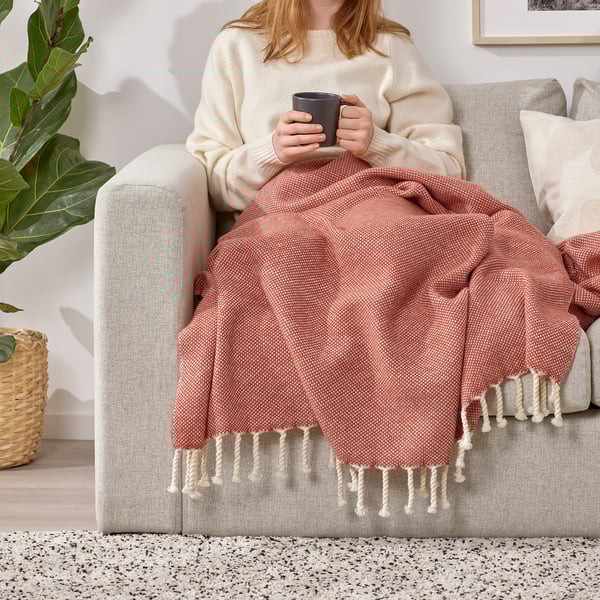 ULLTISTEL Throw, red-brown/white, 130x170 cm